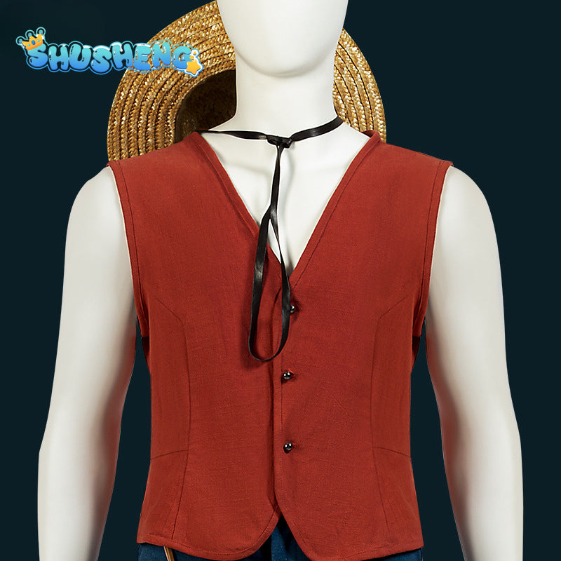 Luffy Cosplay Monkey D Luffy Costume Red Vest Shorts Hat Rope Anime Outfit Adults Men for Halloween Party Men Kids Cos Gifts