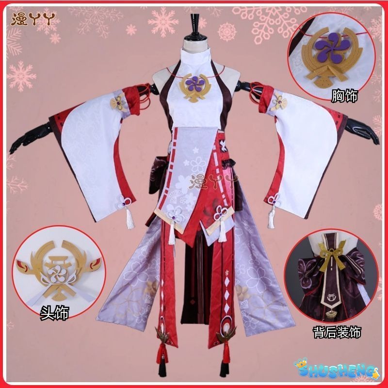 Genshin Impact Yae Miko Full Set Guuji Yae Cosplay Costume Wig Earning Headwear Ears Tail for Comic Con