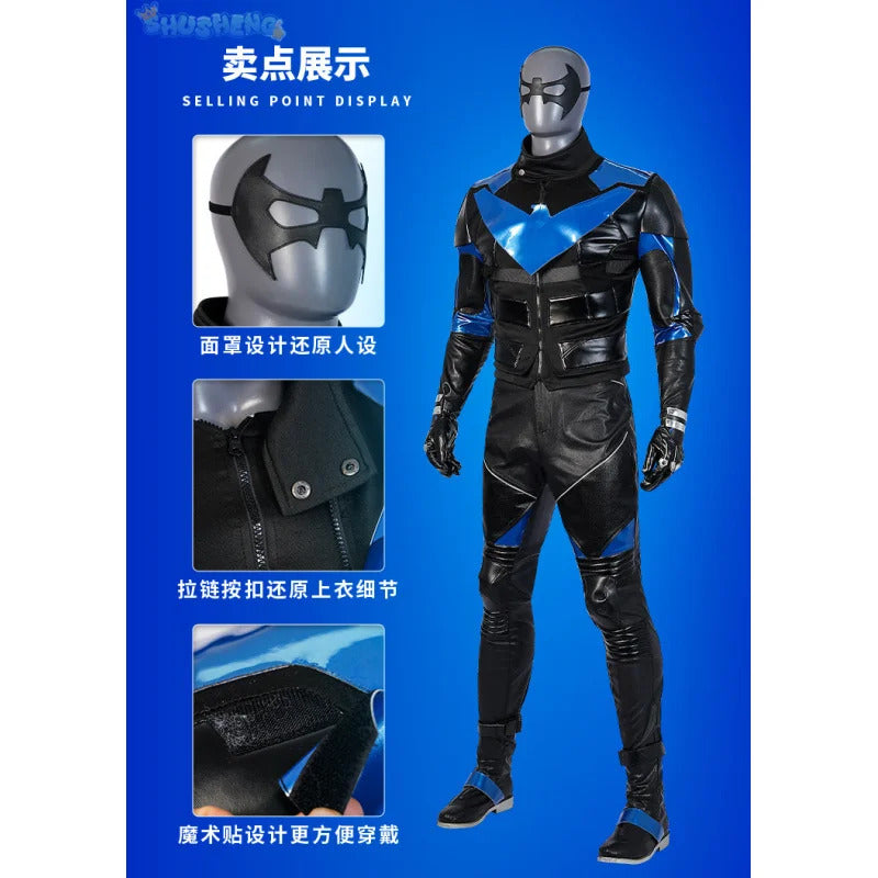 Gotham Knights Nightwing Robin Cosplay Costume Halloween Superhero combats Jumpsuit Faux Leather Black Armour Men Outfit Set