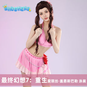 Game FF VII Aerith Gainsborough Cosplay Costume Pink Swimsuit Aerith Gainsborough Sexy Halter Neck Swimsuit 3-piece Set