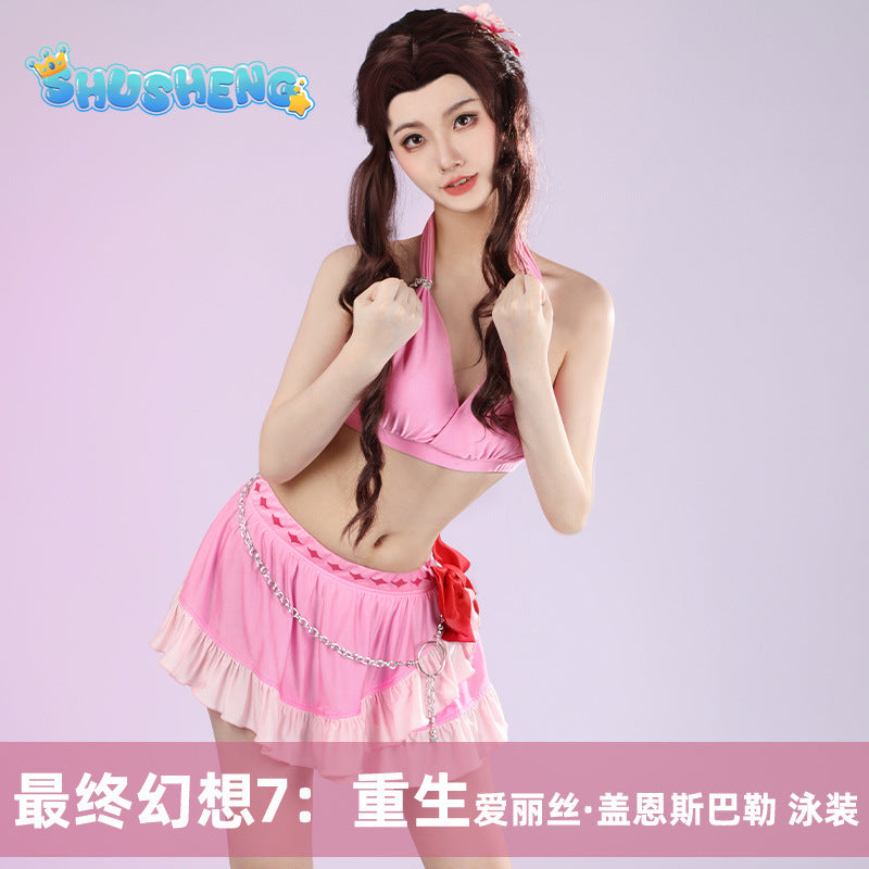 Game FF VII Aerith Gainsborough Cosplay Costume Pink Swimsuit Aerith Gainsborough Sexy Halter Neck Swimsuit 3-piece Set