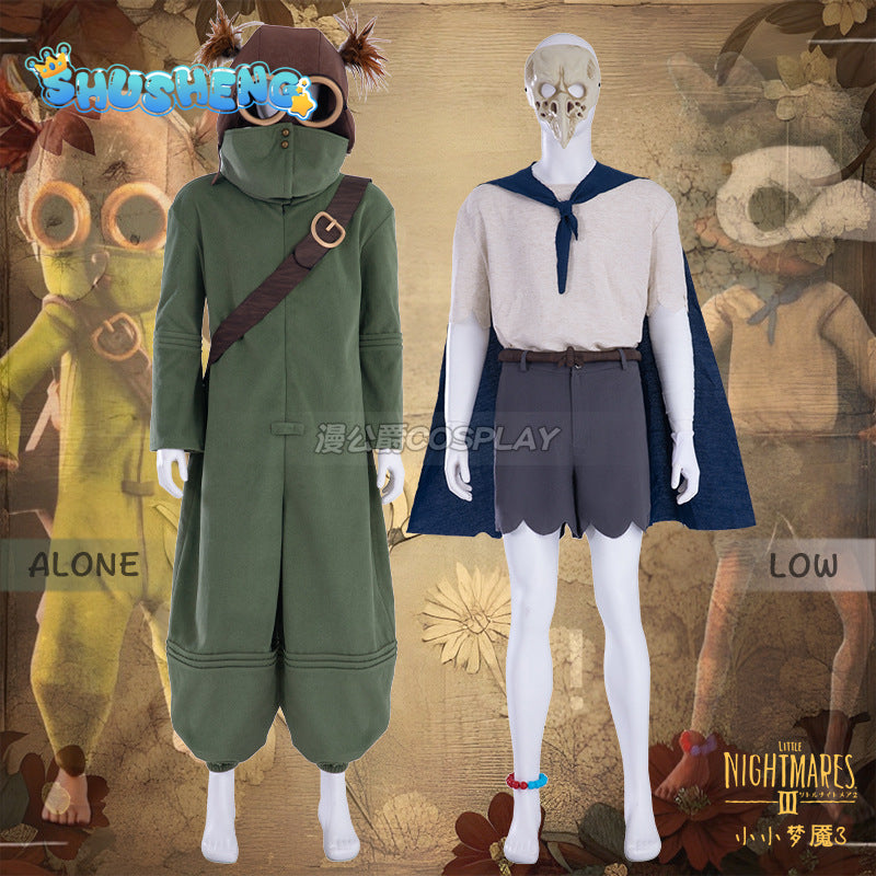 Little Nightmares III 3 Alone Cosplay Costume Green Jumpsuit Hat Cap Head Cover Bag Helmets Glasses Halloween Party Outfits