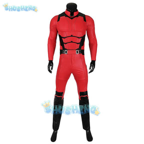 Daredevil Cosplay Costume Matt Murdock Red Leather Battle Suit Jumpsuit Belt Gloves Fullset Outfit Halloween Carnival Party Suit