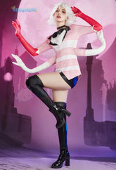 Angel Dust Cosplay Fantasy Wigs Cartoon Hell Inn Disguise Costume Gloves Bow Tie Pink Outfit Women Halloween Roleplay
