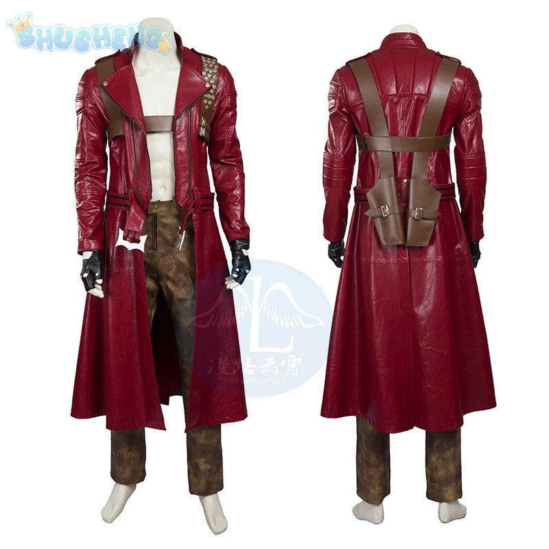 Game DMC 3 Dante Cosplay Costume Coat, gloves, waist bag, belt, Halloween party night red leather suitable uniform Dante Man set