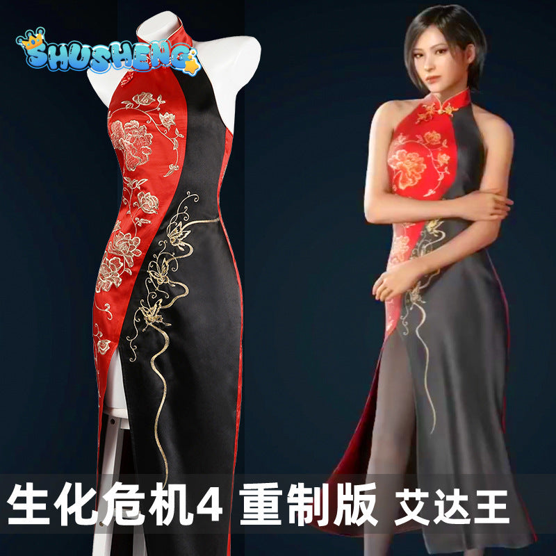 Adult Fantasia Ada Wong Cosplay Costume Women Cheongsam Dress Back Strap Belt Wig Outfits Halloween Carnival Party Disguise Suit