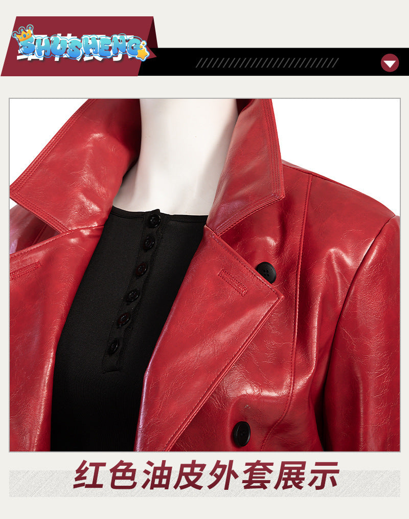 Cosplay Costume Movie Madame Web The Heroine Cathy's Red Leather Jacket Blue Jeans BlackT-shirt Belt Women's Suit