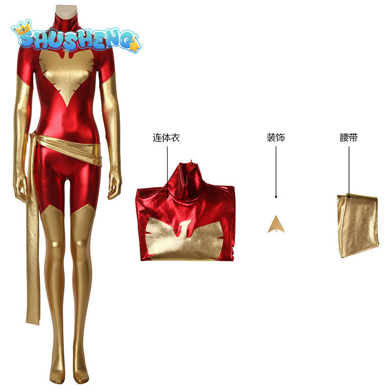 New X-men red dark Phoenix Costume Shiny metallic full body Superhero Jean Grey Costume halloween Cosplay Costume free shipping