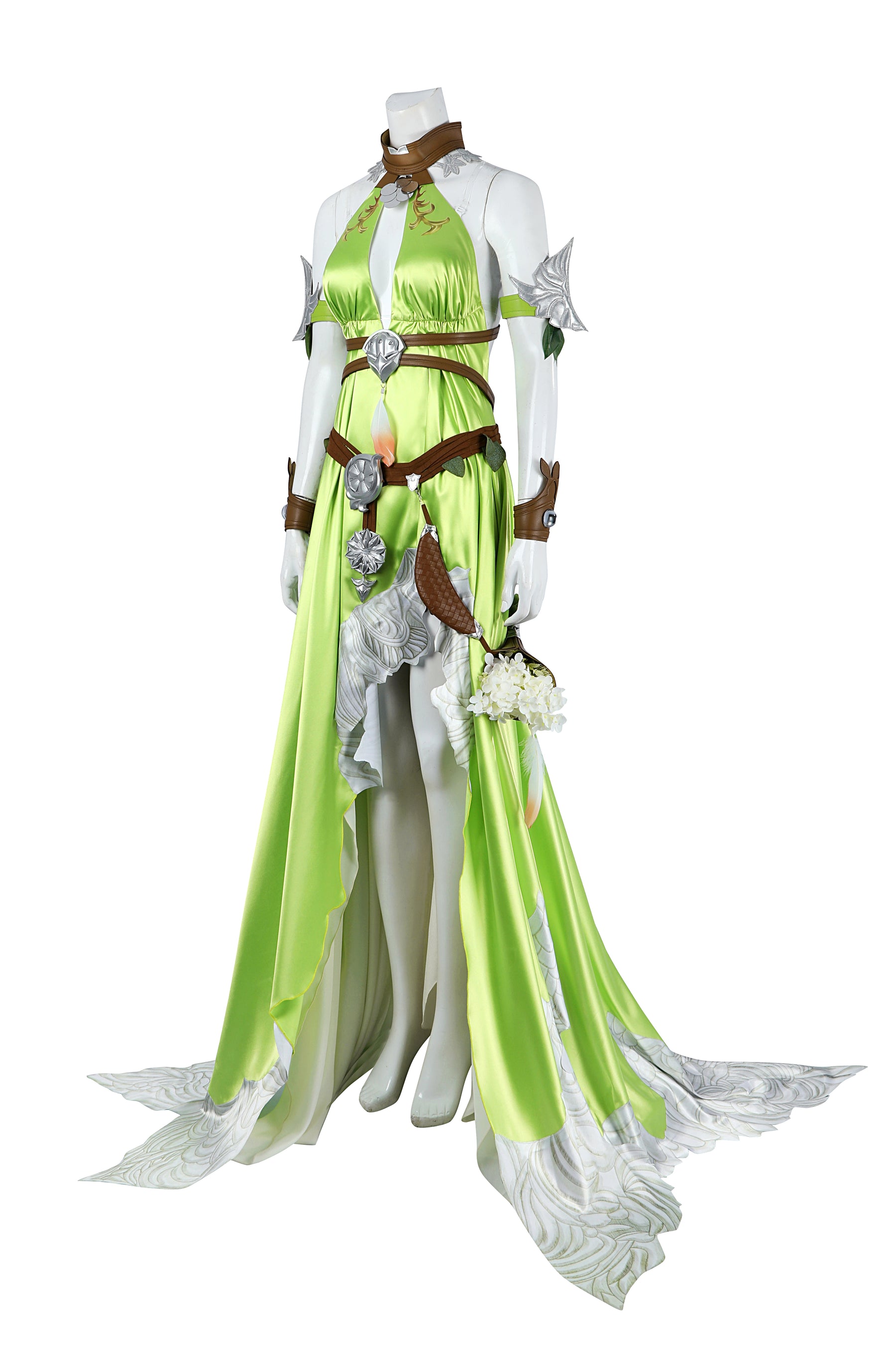 Nophica Cosplay Costume Fantasy XIV:A Realm Reborn Nophica Roleplay Outfit Green Silk Dress Accessories for Halloween Ball Party