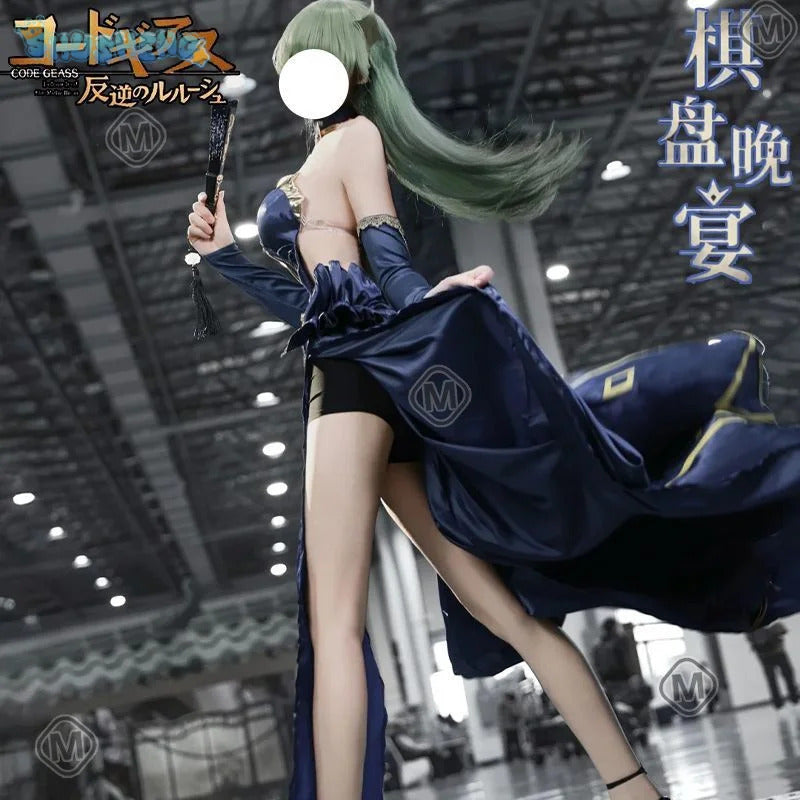 C.C. CODE GEASS Lelouch of the Rebellion Cosplay Chessboard Banquet costume Women's Halloween sexy long dress prop necklace set