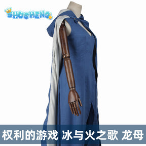 TV Series Daenerys Cosplay Targaryen Costume Blue Game of Thrones Dress with Cape for Women Halloween Party Stage Performance Suit