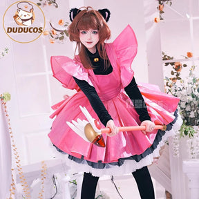 Shusheng-R Kinomoto Sakura Cosplay Costume Anime Card Captor Sakura DUDU-R Women Halloween Cute Black Pink Dress THE THUNDER Ears Tail