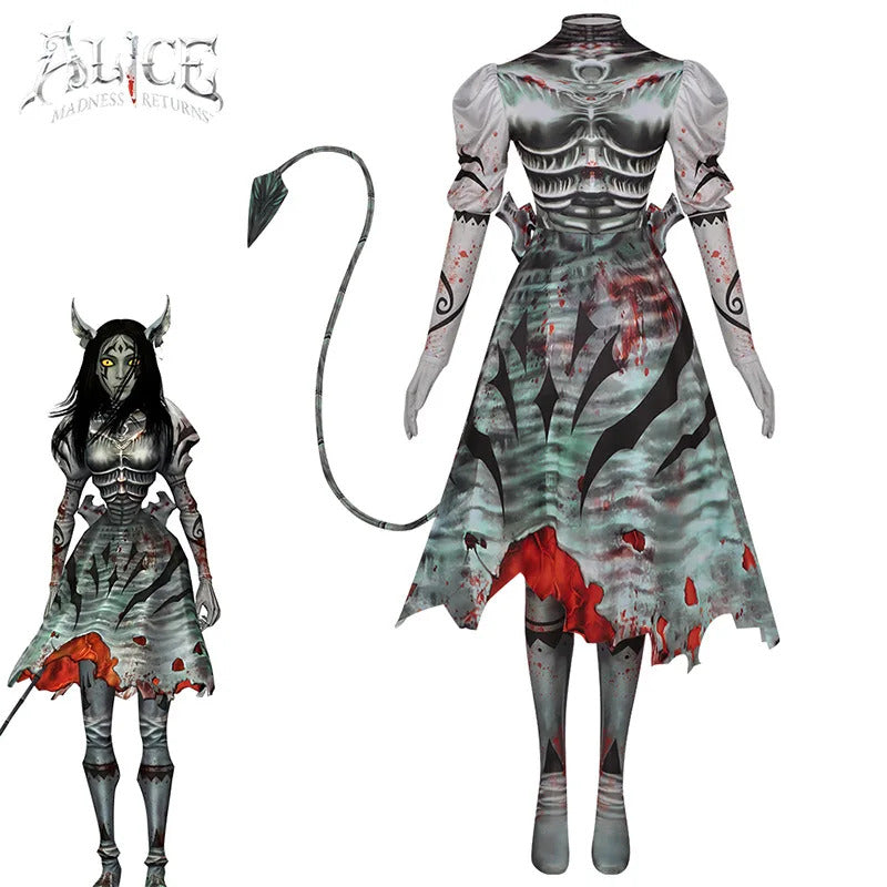 New Alice Cosplay Game Alice: Madness Returns Costume Dark Night Devil Tail Dress Gloves Pants Sexy Set Party Carnival Uniform