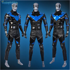 Gotham Knights Nightwing Robin Cosplay Costume Halloween Superhero combats Jumpsuit Faux Leather Black Armour Men Outfit Set
