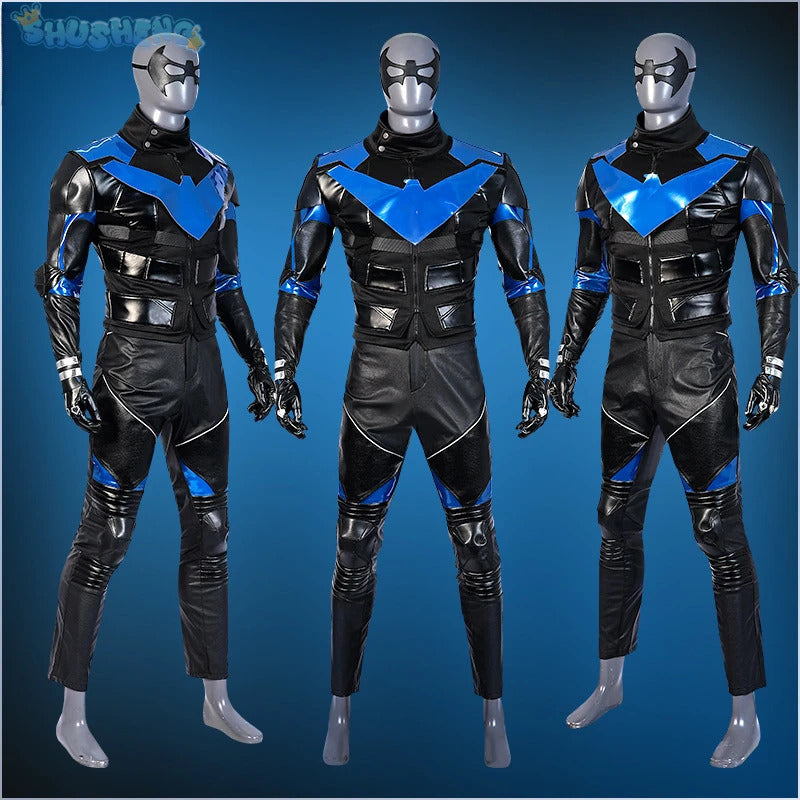 Gotham Knights Nightwing Robin Cosplay Costume Halloween Superhero combats Jumpsuit Faux Leather Black Armour Men Outfit Set