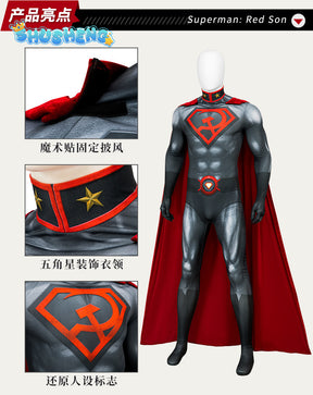 Adult Superhero Steel Man Cosplay Bodysuit Cape Set Clark Kent Printing Jumpsuit Halloween Hero Costume Red Velvet Cloak