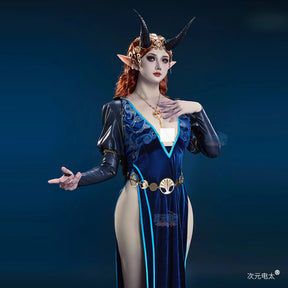 Baldur's Gate 3 Mizora Cambion Cospaly Costume Deep blue sexy woman long dress necklace waist chain socks headwear Halloween set