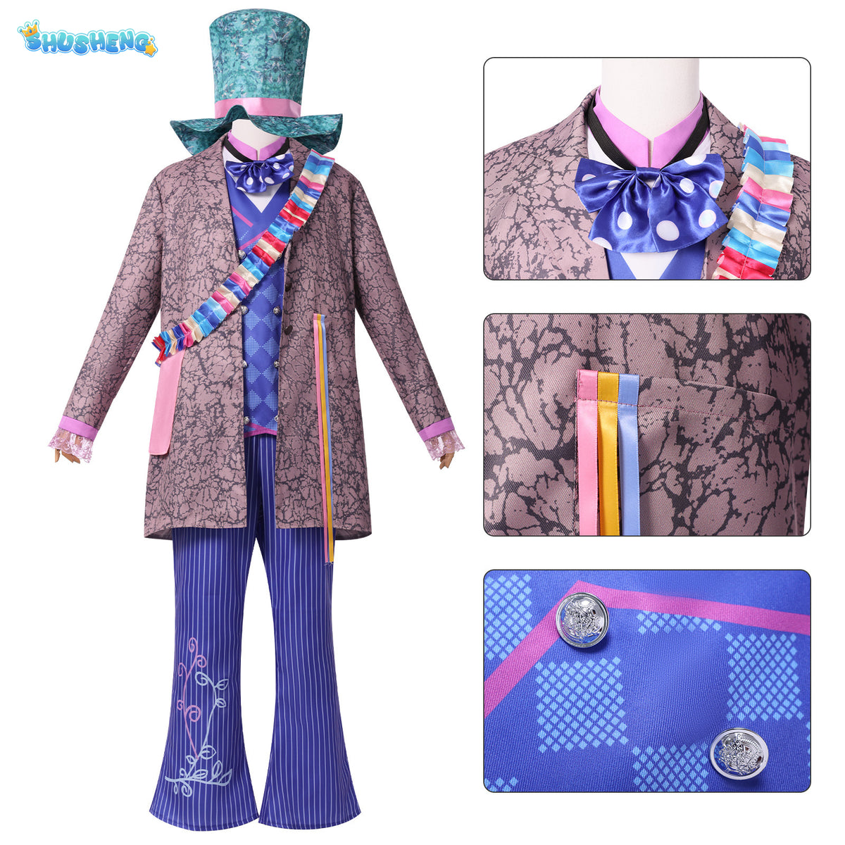 Alice in Wonderland cosplay hat man costume, Mad Hatter movie character play dress-up suit
