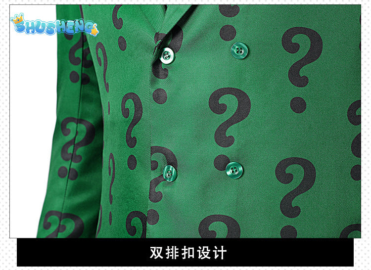 Men Riddler Cosplay Fantasy Movie Super Villain Costume Disguise Adult Boys Roleplay Fantasia Outfits Halloween Male Suits