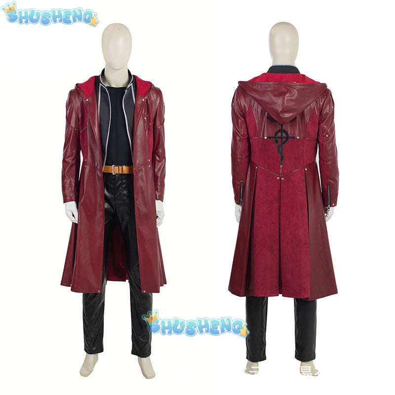 Anime Edward Elric Fullmetal Alchemist Cosplay Costume Wig Red PU Hooded Windbreaker Coat Combats Man Carnival Party Suit