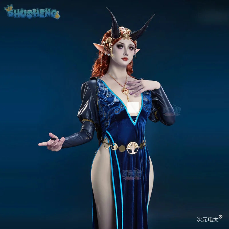 Baldur's Gate 3 Mizora Cambion Cospaly Costume Deep blue sexy woman long dress necklace waist chain socks headwear Halloween set