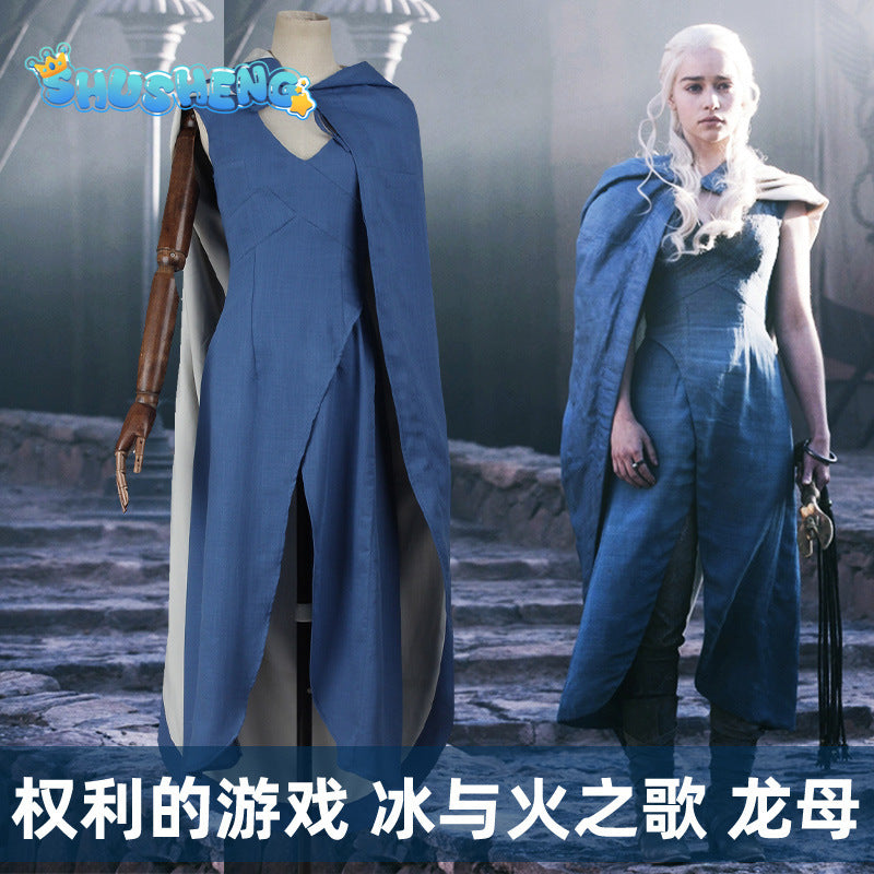 TV Series Daenerys Cosplay Targaryen Costume Blue Game of Thrones Dress with Cape for Women Halloween Party Stage Performance Suit