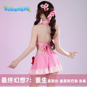 Game FF VII Aerith Gainsborough Cosplay Costume Pink Swimsuit Aerith Gainsborough Sexy Halter Neck Swimsuit 3-piece Set