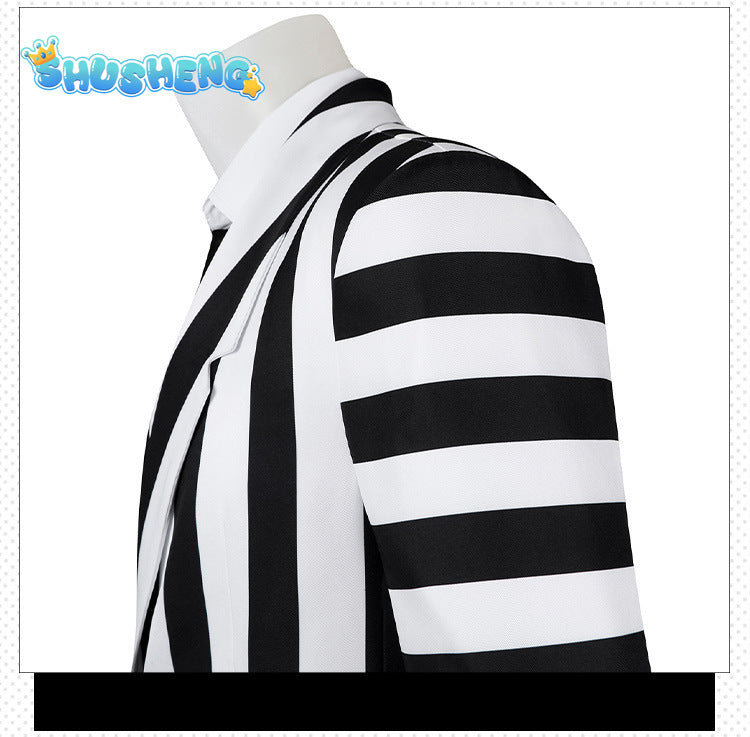 Beetlejuice Adam Cosplay Costume Men Black and White Striped Suit Jacket Shirt Pants Outfits Halloween Carnival