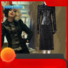 Movie Cruella De Vil Costume Women Cosplay Gown Black Maid Dress Halloween Christmas Party Fancy Dress