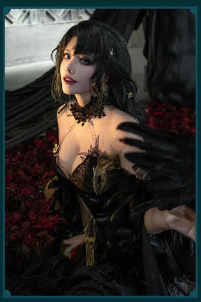 Path to Nowhere Raven MBCC-S-074 Cosplay Black glue gift box Costume Halloween Black Dress Necklace Props Wig Women's Sexy Set