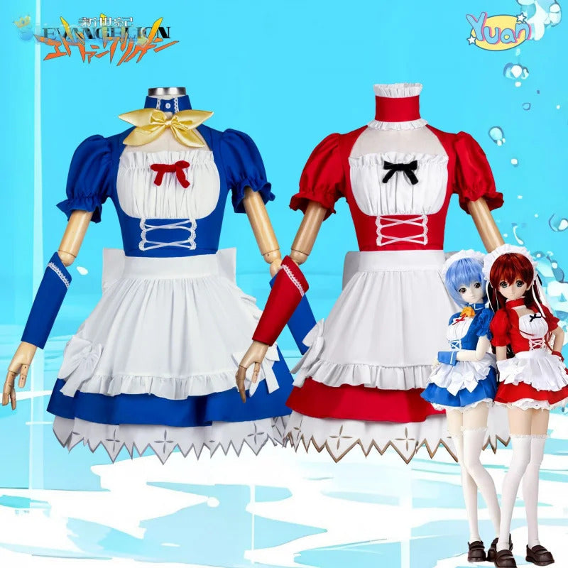 Anime EVA Asuka Langley Soryu Ayanami Rei Cosplay Costume Halloween Party Sweet Maid Uniform Dress Socks Headwear Prop Woman Set