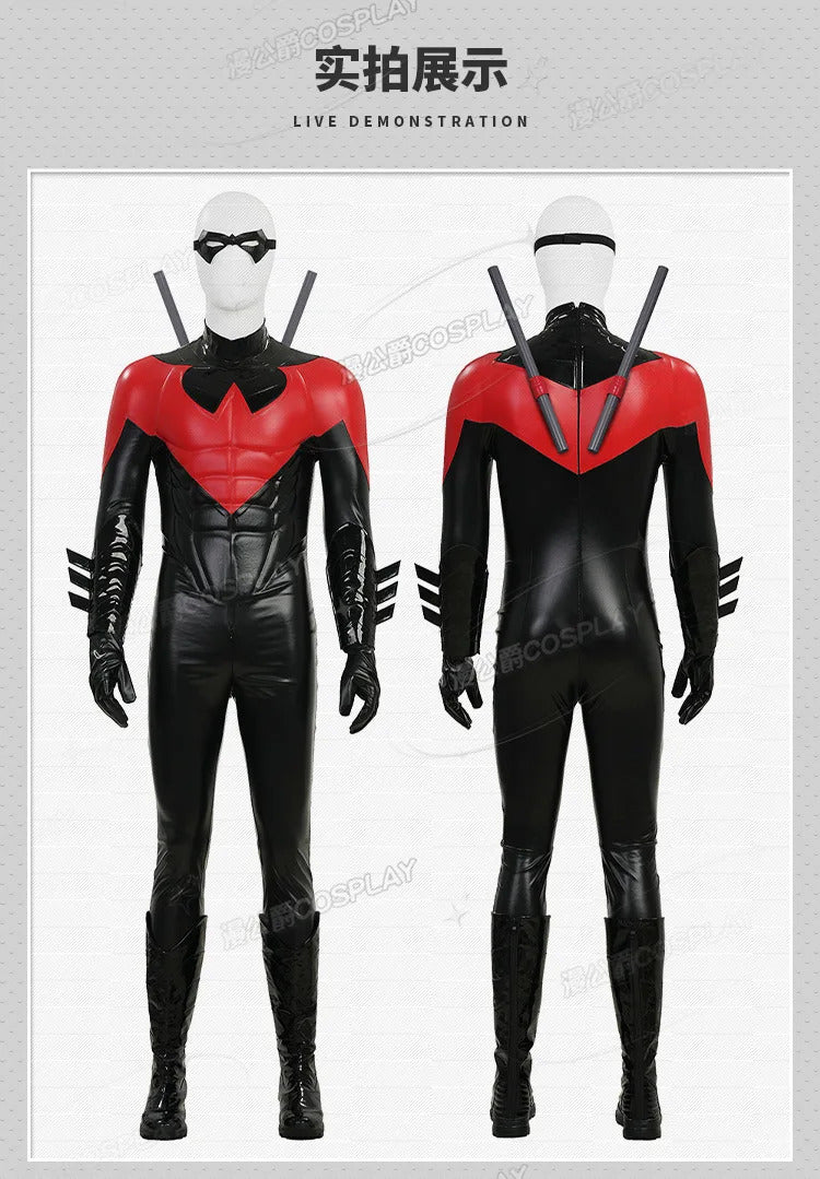Shusheng-R Nightwing Dick Grayson Cosplay Costume Red Jumpsuit Full Set Uniform Role Play Halloween Carnival Party Outfit Shoes