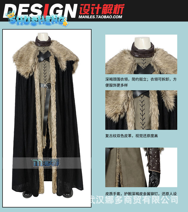 Thrones Cosplay Jon Snow Cosplay Costume Halloween Outfit Leather Long Coat Faux Fur Cloak Men Cape Custom size