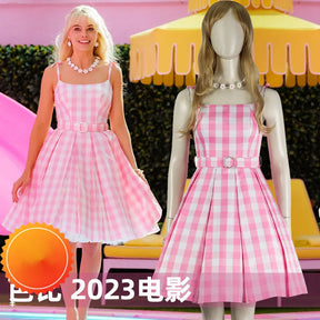 Movie Barbie Cosplay Costume for Women Margot Robbie Barbi Pink Dress Halloween Barbi Princess Outfits for Girls Role Play Summer