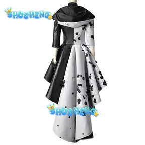 Cruella Costume Cosplay Cruella de Vil  Evil Queen Black White Coat Evening Party Dress Fashion Emma Magic Performance Oufit