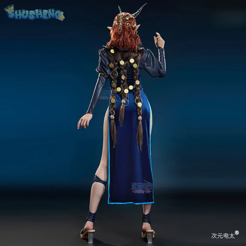 Baldur's Gate 3 Mizora Cambion Cospaly Costume Deep blue sexy woman long dress necklace waist chain socks headwear Halloween set