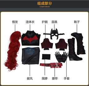 Female Bat Cosplay Costumes Kate Kane Roleplay Jumpsuit Superhero Black Leather Bodysuit Cloak Halloween Outfits
