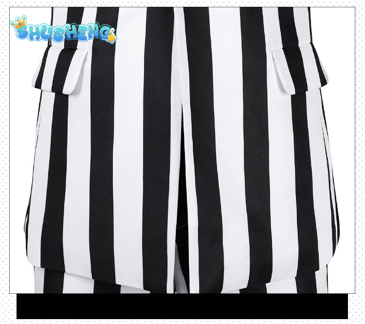 Beetlejuice Adam Cosplay Costume Men Black and White Striped Suit Jacket Shirt Pants Outfits Halloween Carnival