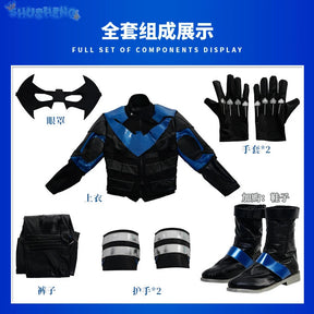 Gotham Knights Nightwing Robin Cosplay Costume Halloween Superhero combats Jumpsuit Faux Leather Black Armour Men Outfit Set