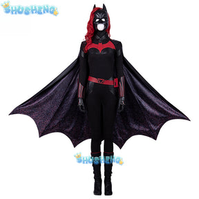 Female Bat Cosplay Costumes Kate Kane Roleplay Jumpsuit Superhero Black Leather Bodysuit Cloak Halloween Outfits