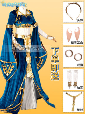 Blue velvet princess dress Zelda cosplay costume woman top skirt outfit full set and wig are sold custom size