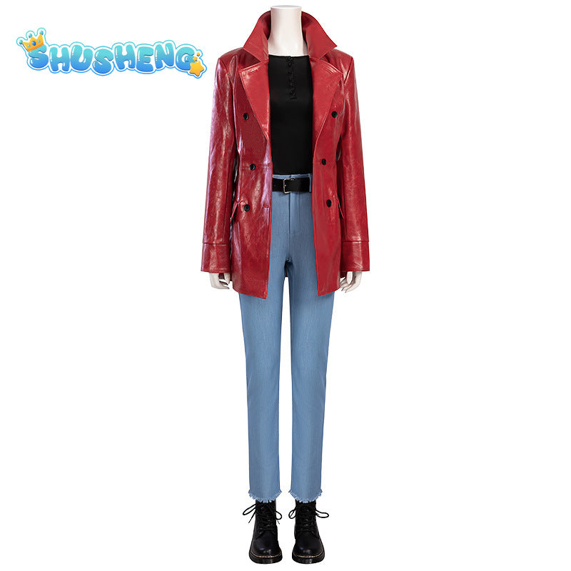 Cosplay Costume Movie Madame Web The Heroine Cathy's Red Leather Jacket Blue Jeans BlackT-shirt Belt Women's Suit