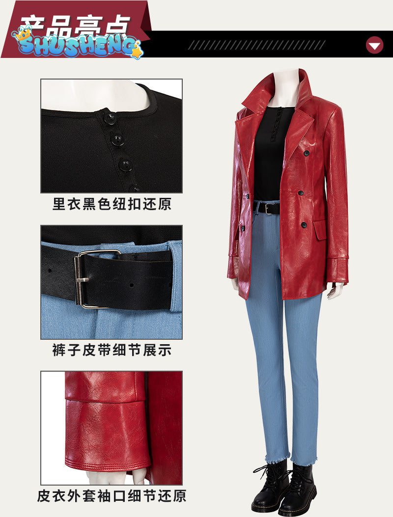 Cosplay Costume Movie Madame Web The Heroine Cathy's Red Leather Jacket Blue Jeans BlackT-shirt Belt Women's Suit