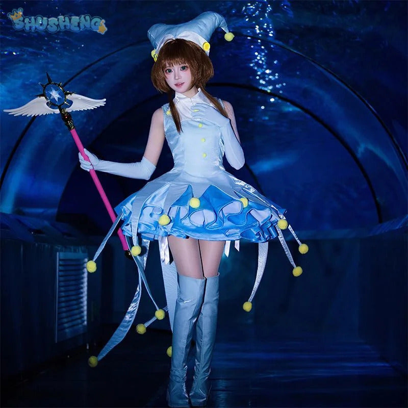 Anime Card Captor KINOMOTO SAKURA Cosplay costume Women's Dress Socks Hat Prop Accessories Set Halloween Carnival Sweet Uniform