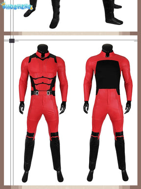 Daredevil Cosplay Costume Matt Murdock Red Leather Battle Suit Jumpsuit Belt Gloves Fullset Outfit Halloween Carnival Party Suit