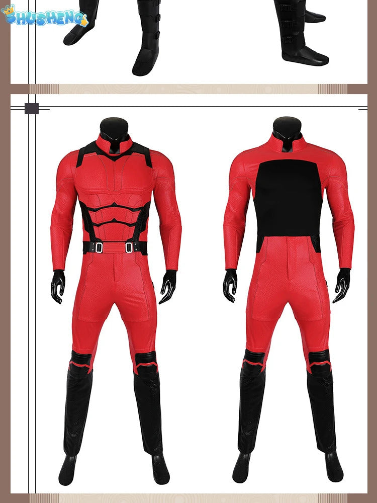 Daredevil Cosplay Costume Matt Murdock Red Leather Battle Suit Jumpsuit Belt Gloves Fullset Outfit Halloween Carnival Party Suit
