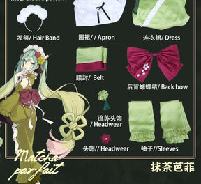 New Mikuu Matcha Sakura Green Cosplay Costume Parfait Apron Long and Wide Sleeved Dress Girl Kimono Wig Women Birthday Party Gift