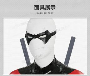 Shusheng-R Nightwing Dick Grayson Cosplay Costume Red Jumpsuit Full Set Uniform Role Play Halloween Carnival Party Outfit Shoes