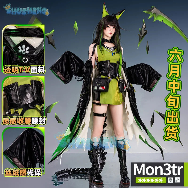 Arknights Mon3tr Cosplay Costume M3 Uniform Black Green Outfit Headwear Rhodes Island Halloween Party for Women Girls Props