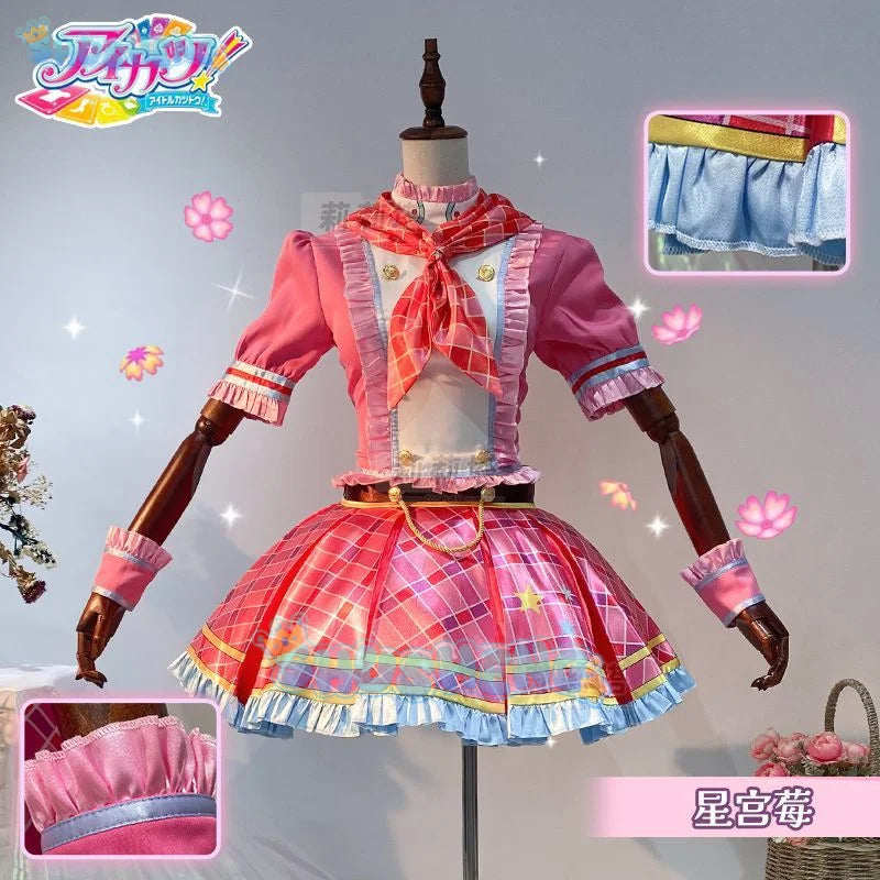 Anime Aikatsu! Cosplay Hoshimiya Ichigo Cosplay Costume Lolite Dress  Wig Women Hallowen Party Girls increase size S-XXL